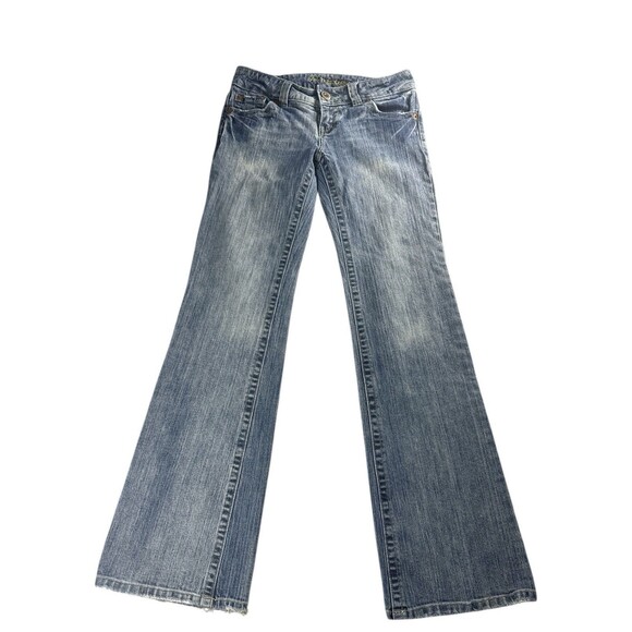 American Eagle Women’s Boyfriend Flare Jeans Low Rise Distressed 4 Long Denim - Picture 1 of 9